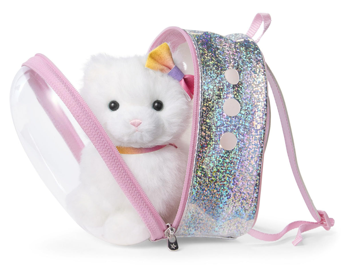Carrier window shows the cat peeking through during play
