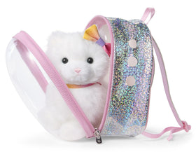 Carrier window shows the cat peeking through during play