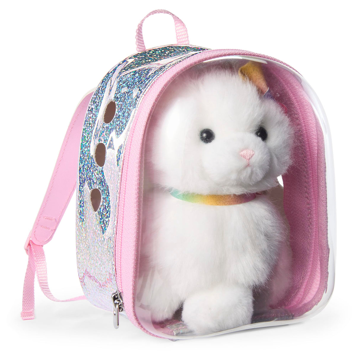 Backpack carrier with holographic pattern for stylish doll adventures