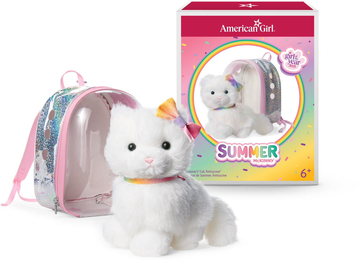 American Girl Summer's Cat Fettuccine plush with fluffy white fur for cuddling