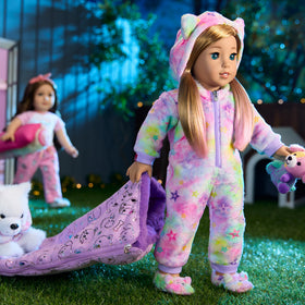 American Girl Summer purple sleeping bag with built-in pillow inside for quick setup.