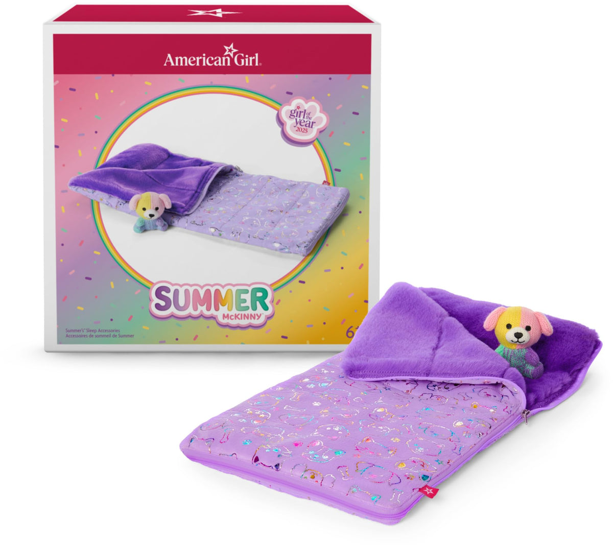 American Girl Summer purple sleeping bag with built-in pillow for cozy backyard sleepovers.