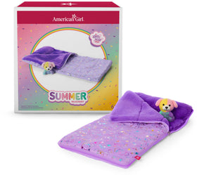 American Girl Summer purple sleeping bag with built-in pillow for cozy backyard sleepovers.