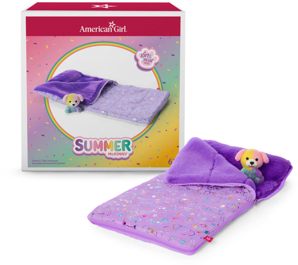 American Girl Summer purple sleeping bag with built-in pillow for cozy backyard sleepovers.