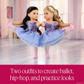 American Girl Truly Me 111 glittery tutu and purple sequined vest, adds stage sparkle.