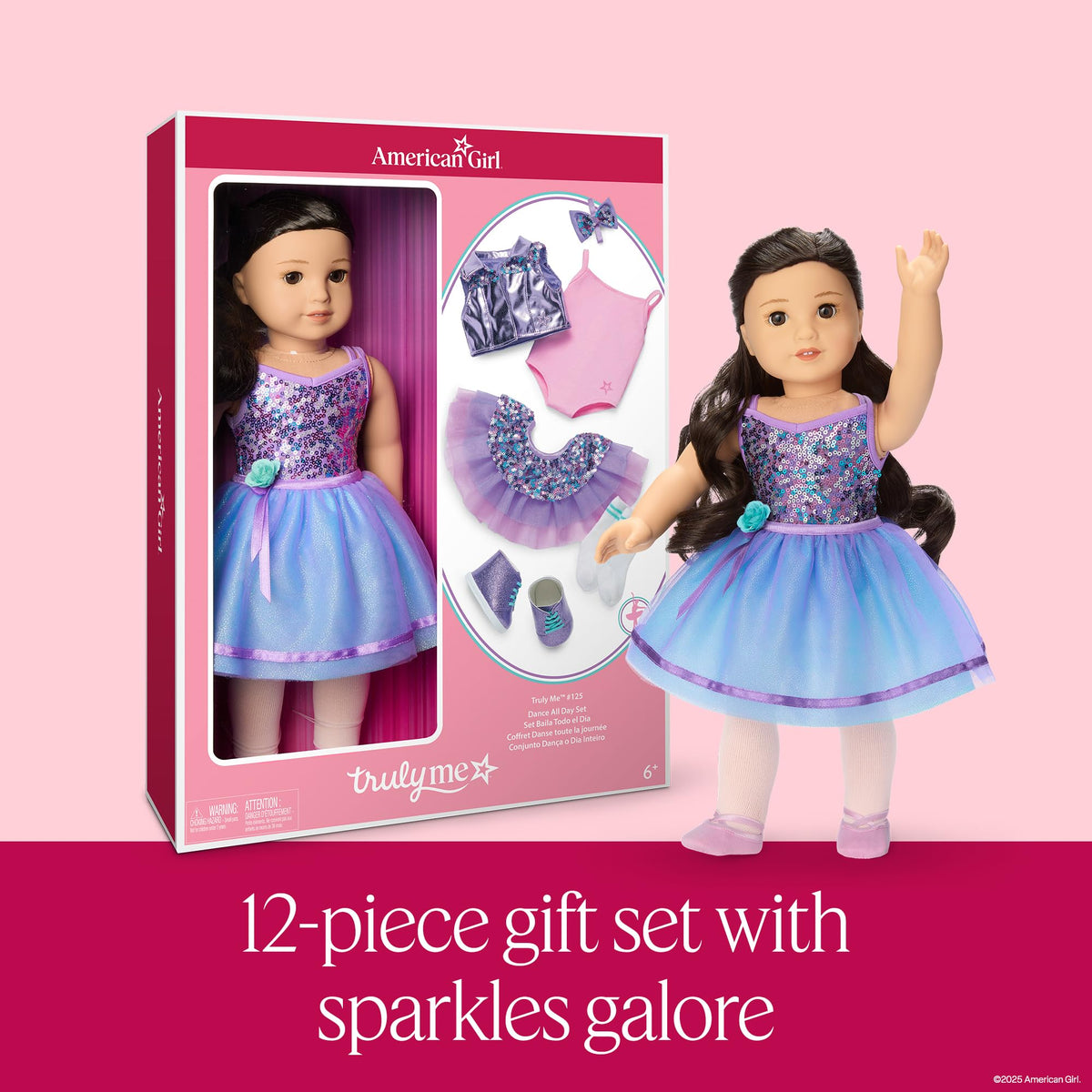 American Girl Truly Me 111 multicolored sequined leotard, perfect for recital-inspired styling.