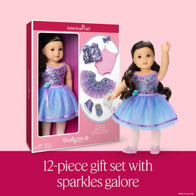American Girl Truly Me 111 multicolored sequined leotard, perfect for recital-inspired styling.