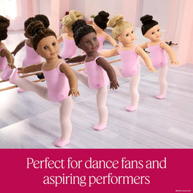 American Girl Truly Me #125 doll with sequin bow, ballet slippers, socks, and glitter sneakers for dance looks.