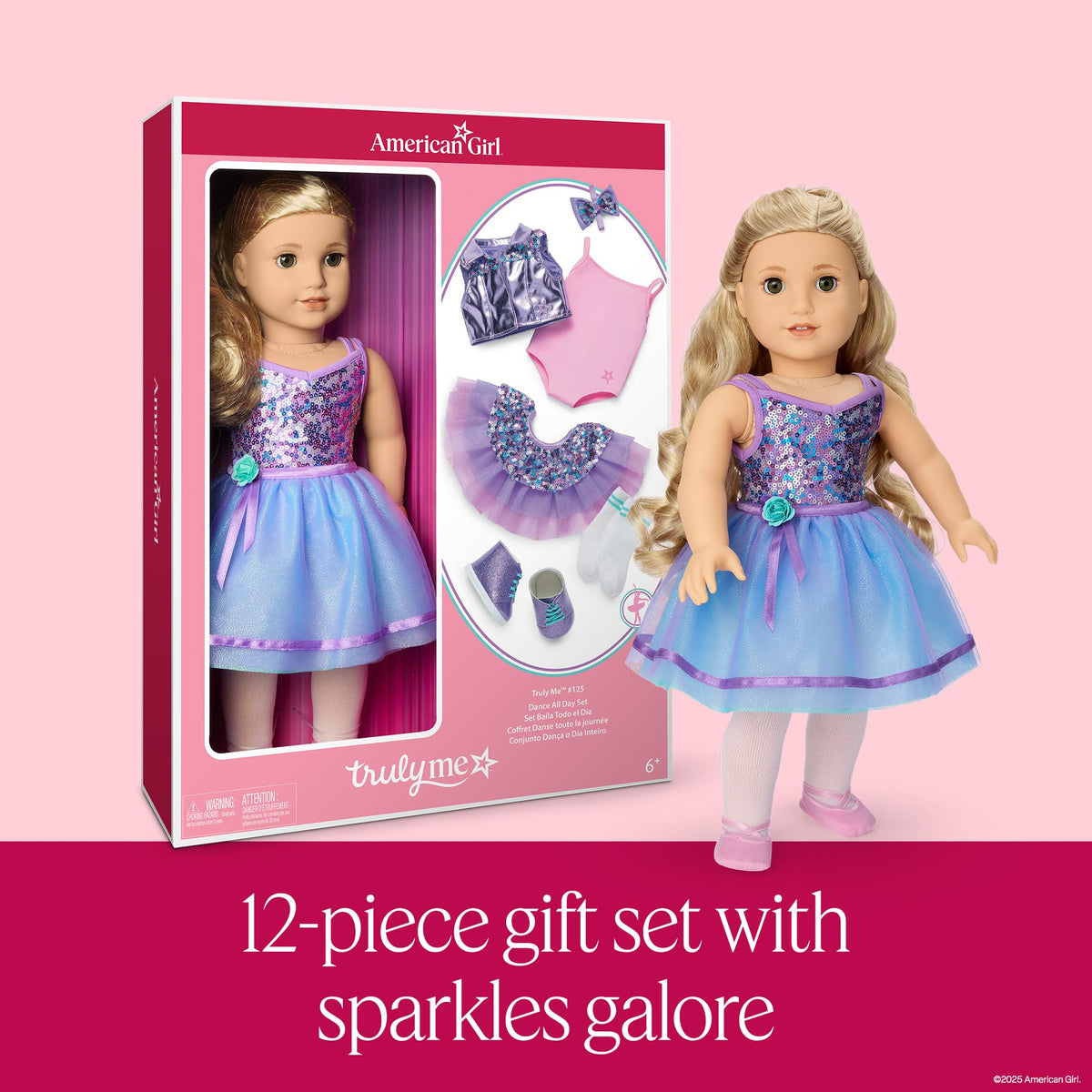American Girl Truly Me #125 doll wearing a multicolored sequined leotard for vibrant dance play.