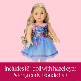 American Girl Truly Me #125 doll in glitter tutu and purple sequin vest for stage-ready looks.