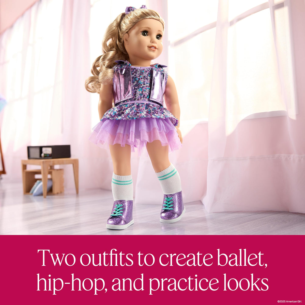 American Girl Truly Me #125 doll in pink tank leotard suitable for practice ensembles.