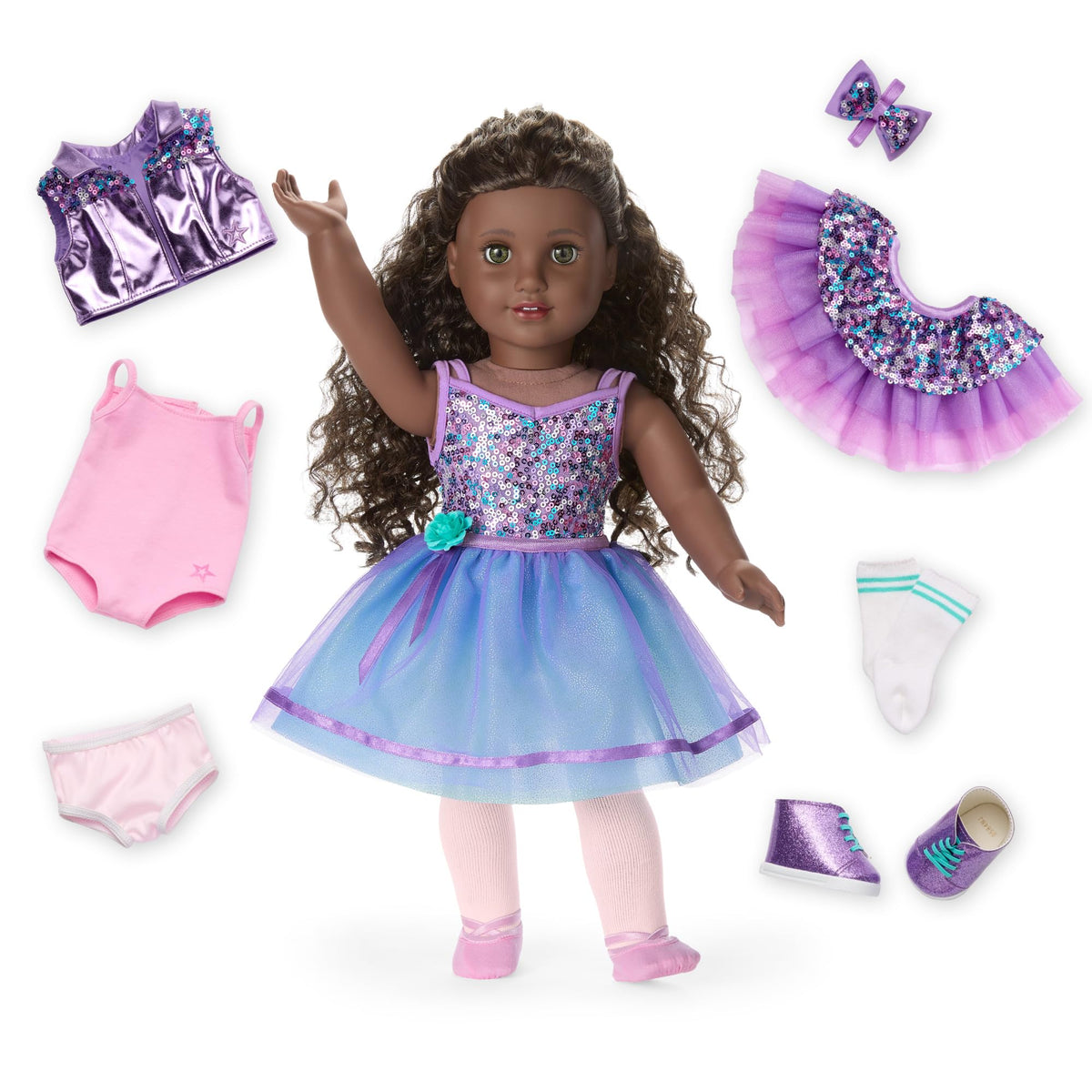 American Girl Truly Me 127 doll with hazel eyes and curly dark-brown hair ready for dance.