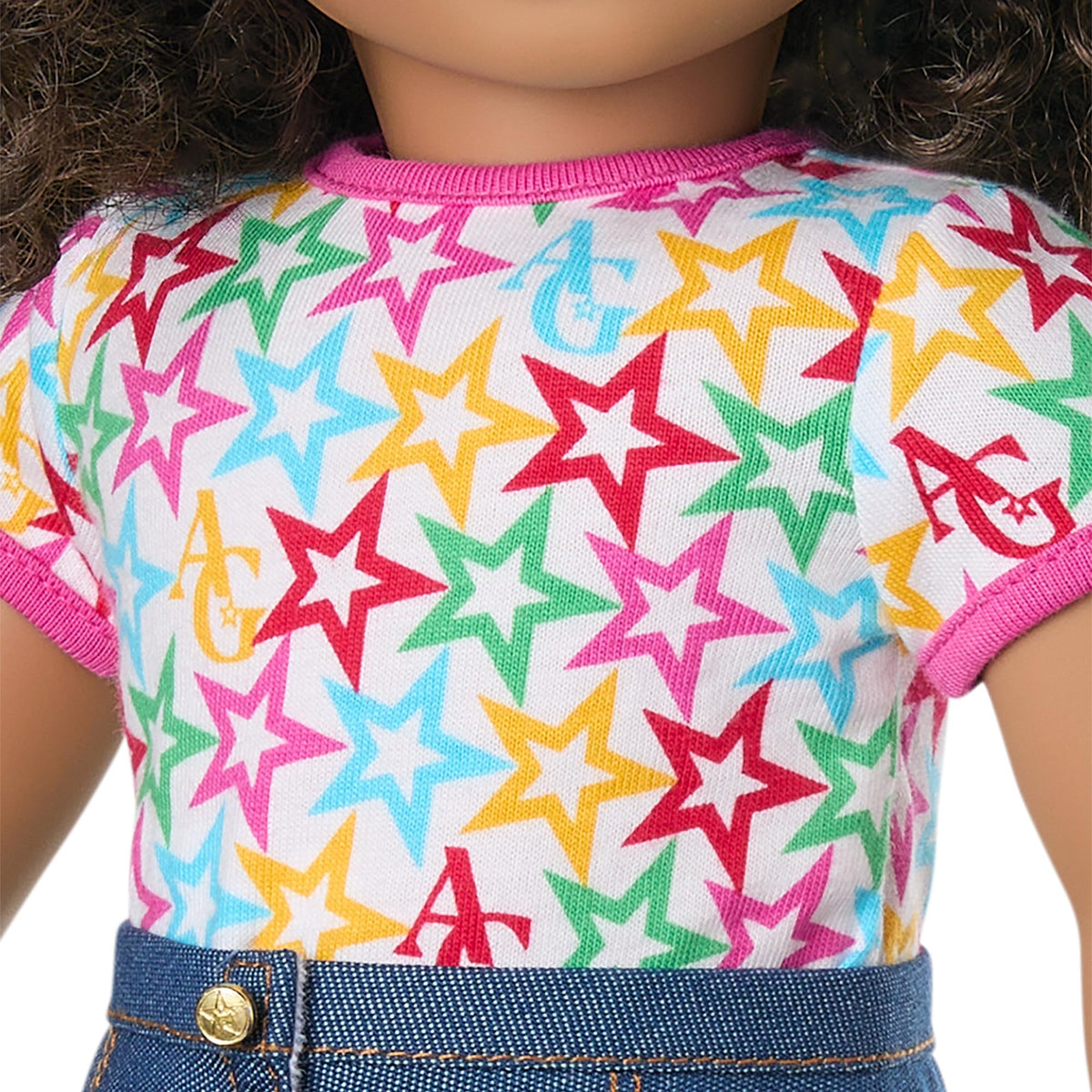 American Girl Truly Me faux-denim skirt with faux-button front on 18-inch doll.