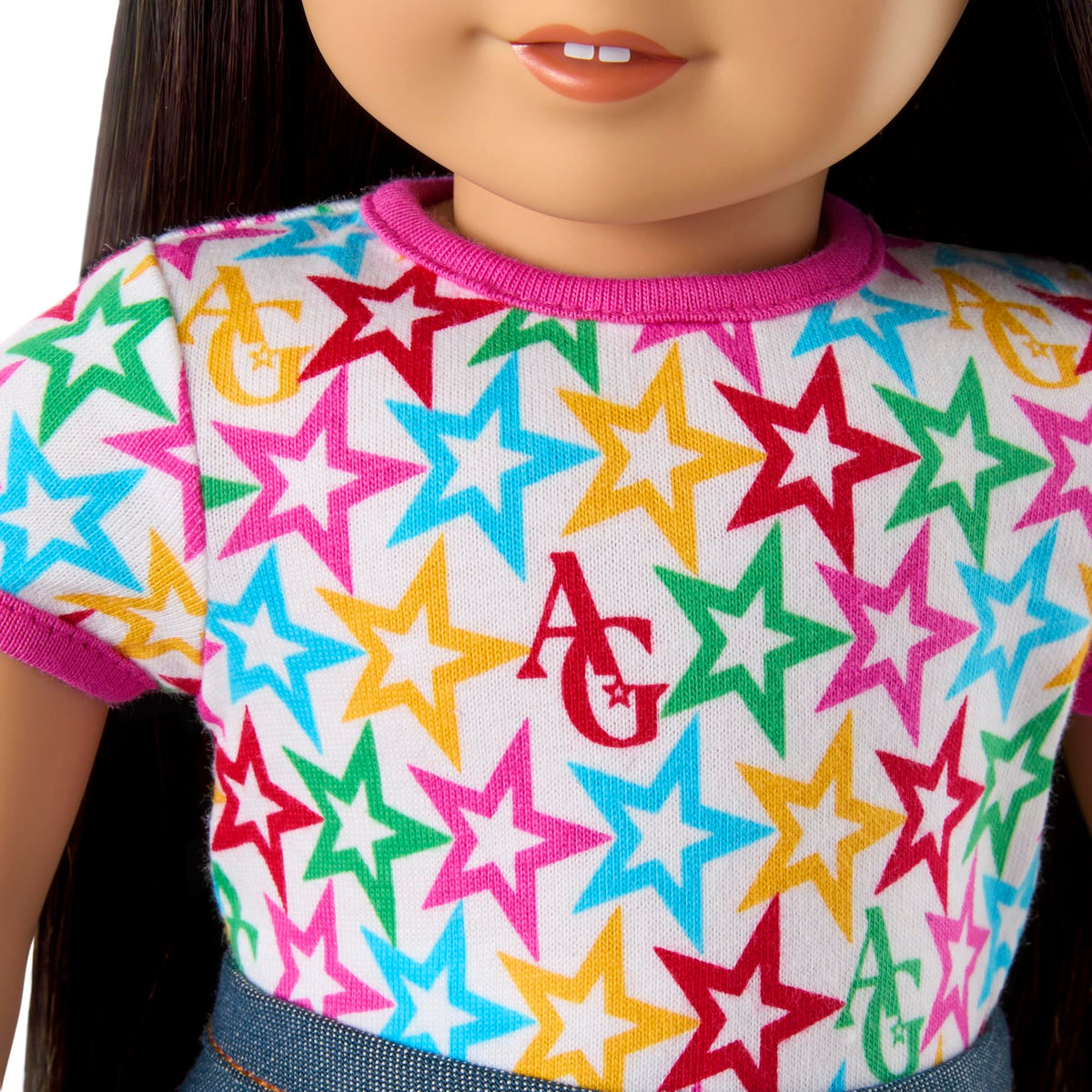 American Girl Truly Me doll #130 wearing star squad jacket detail