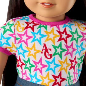 American Girl Truly Me doll #130 wearing star squad jacket detail