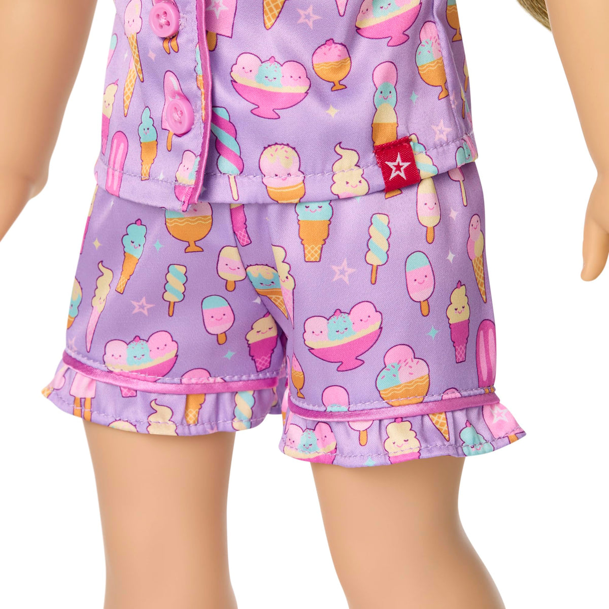 American Girl Truly Me 18in lavender faux-fur slippers with sprinkles and cherries.
