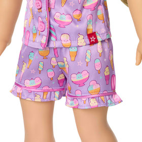 American Girl Truly Me 18in lavender faux-fur slippers with sprinkles and cherries.