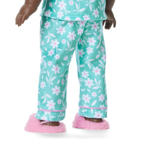 American Girl Truly Me flower print pajama fabric highlights delicate daisies and pink piping.