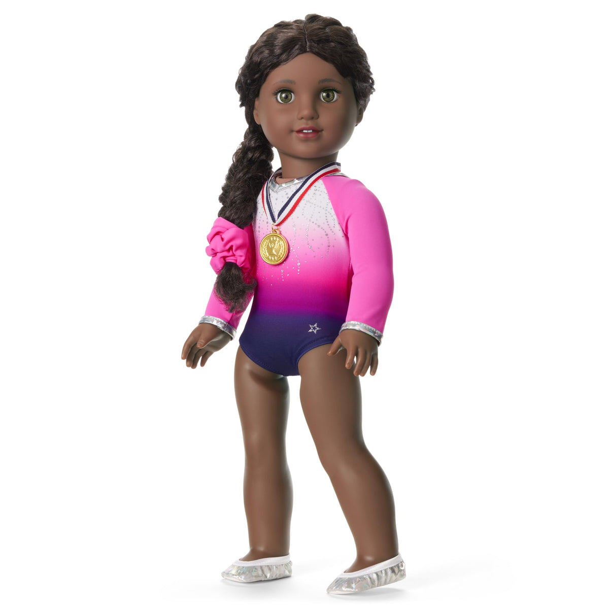 American Girl Truly Me beam outfit showcases pink sleeves for bold color contrasts.