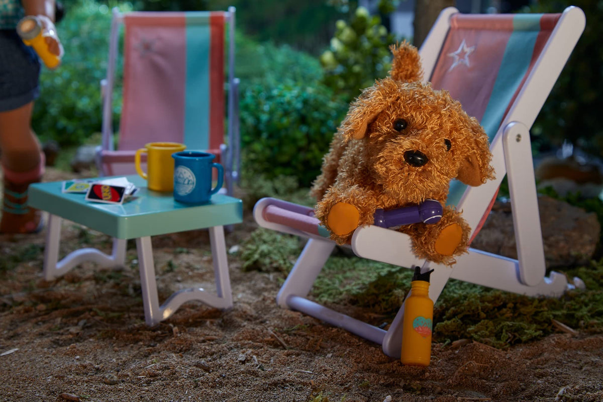American Girl Daffodil Doodle Dog fur detail with golden-brown curls and brown eyes.