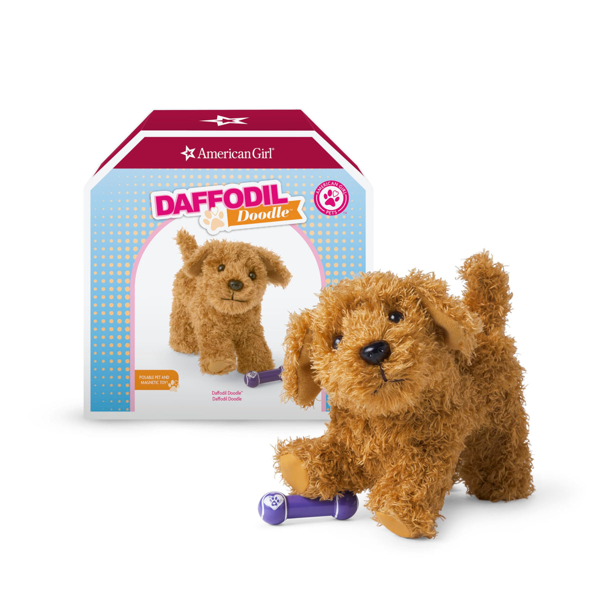 American Girl Truly Me Daffodil Doodle Dog posing with the doll for imaginative play.