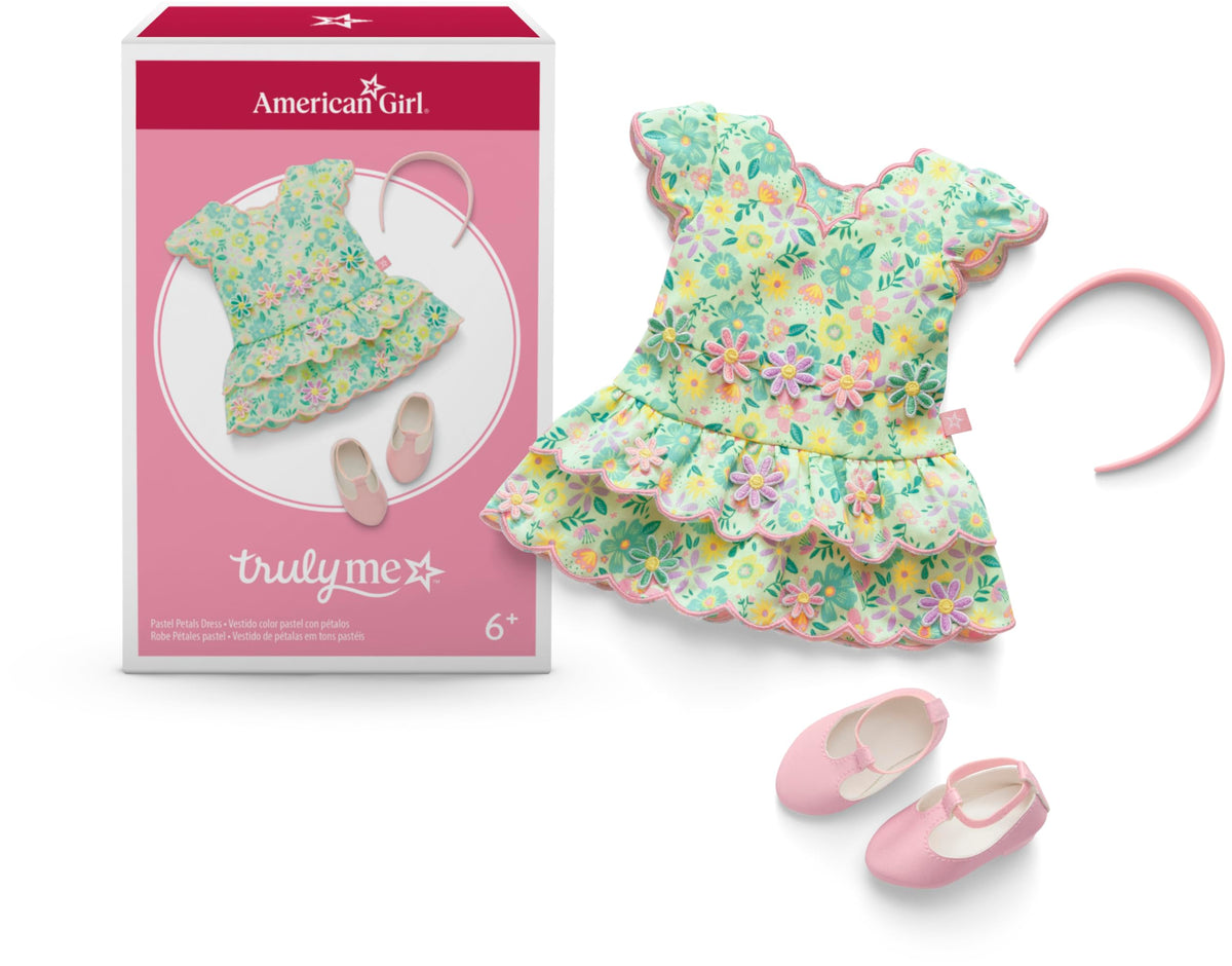 American Girl Truly Me pastel petals dress on doll, ideal for garden party styling.