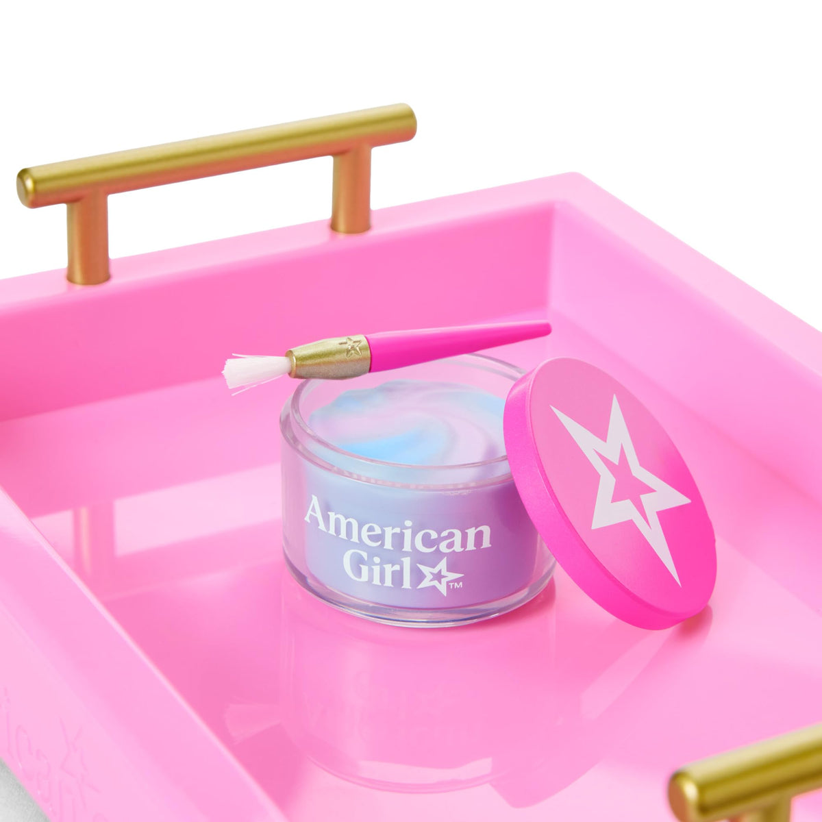 American Girl Truly Me pink makeup tray with golden handles for organized vanity