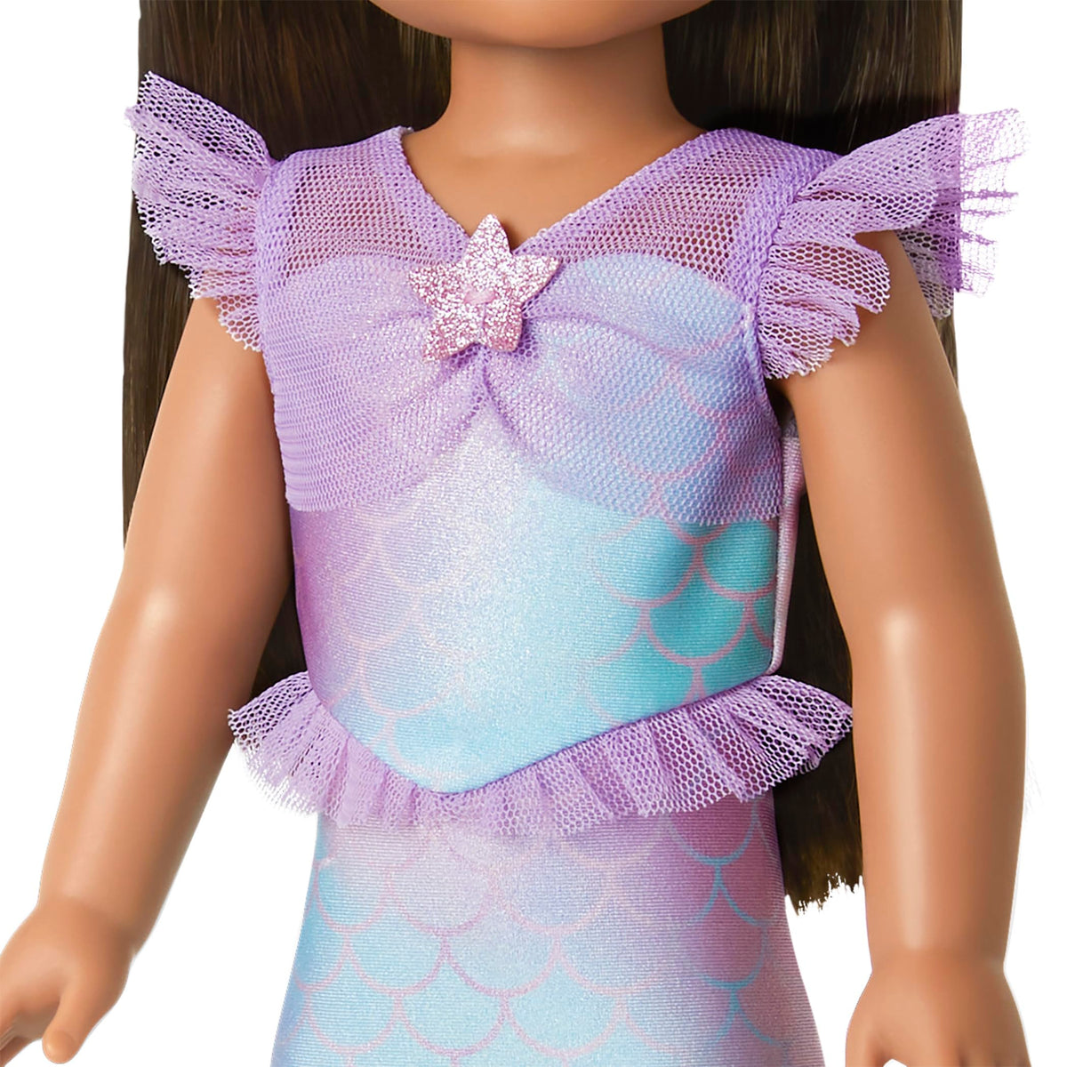 American Girl WellieWishers aqua ballet flats with starfish toes, complete mermaid ensemble.