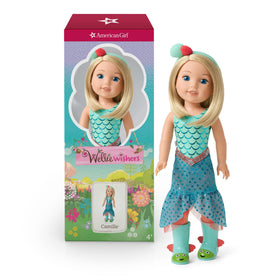 American Girl WellieWishers Camille doll wearing a blue mermaid leotard for imaginative play