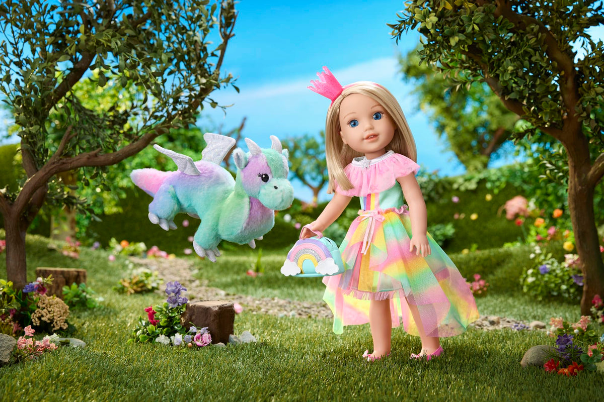 American Girl WellieWishers Camille teal satin dress—sparkly dress-up option for imaginative play.