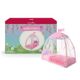 American Girl WellieWishers royal canopy bed with crown headboard for regal bedtime roleplay.