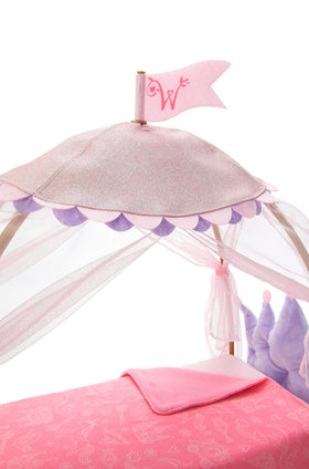 American Girl WellieWishers canopy bed featuring mesh drapes for lounging or naptime.