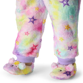 Embroidered dog-faced plush slippers complete the cozy set
