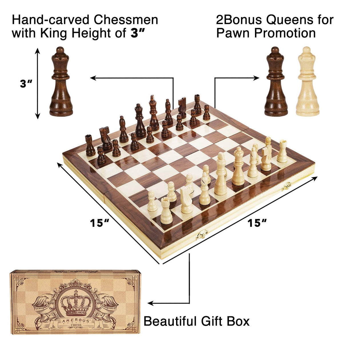 AMERO-US chess pieces with storage slots for tidy organization.
