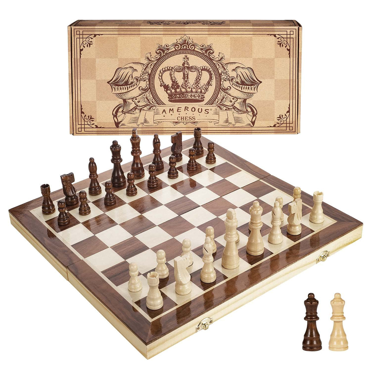 AMERO-US magnetic wooden chess set, 15-inch main view, ideal for travel.