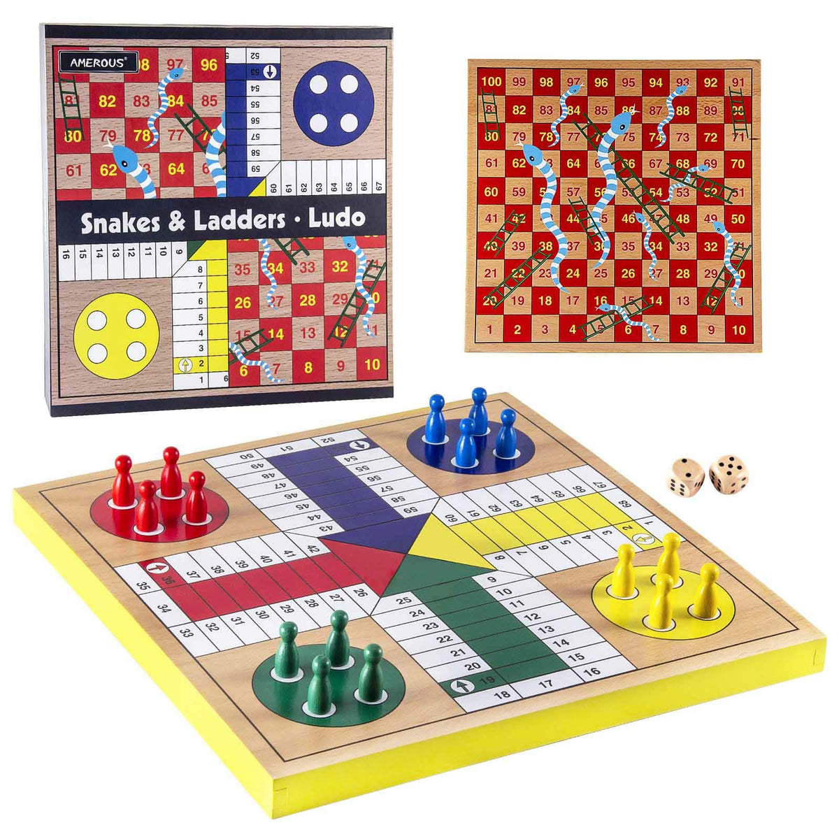 AMEROUS 12-inch wooden Ludo board with a smooth finish for family play.