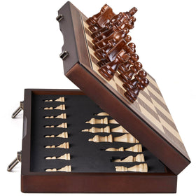 AMEROUS 15-inch magnetic wooden chess board folding for easy transport and quick setup.