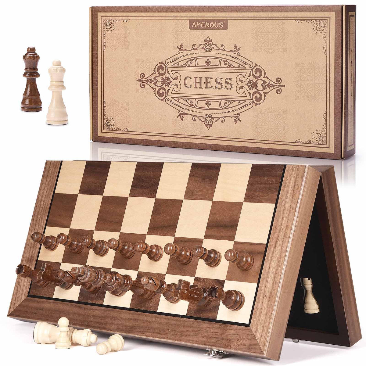 AMEROUS 15-inch magnetic wooden chess board for stable, portable play