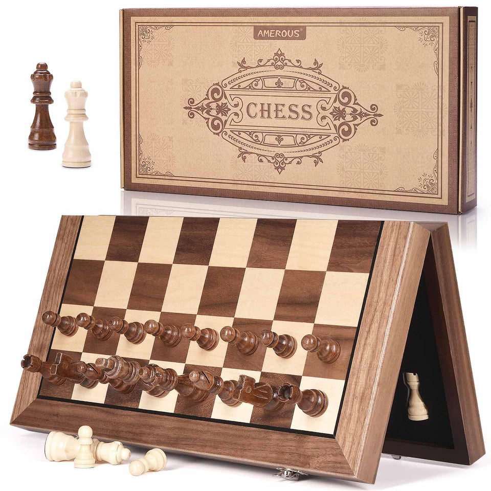 AMEROUS 15-inch magnetic wooden chess board for stable, portable play