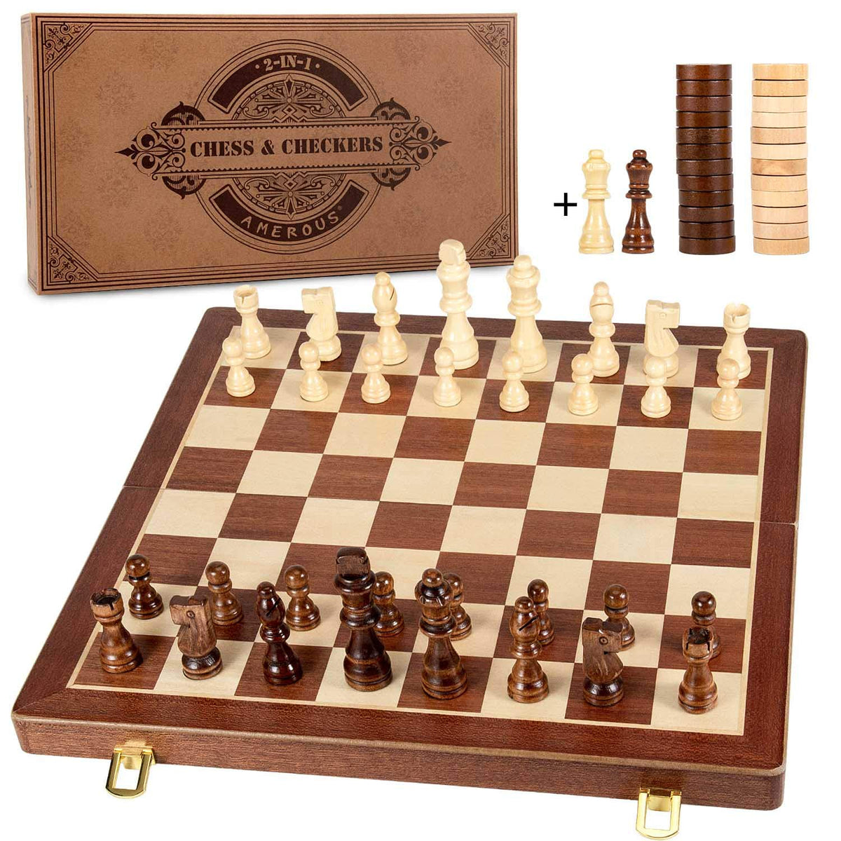 AMEROUS 15-inch magnetic wooden chess-board folding for travel and home play.