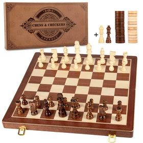 AMEROUS 15-inch magnetic wooden chess-board folding for travel and home play.
