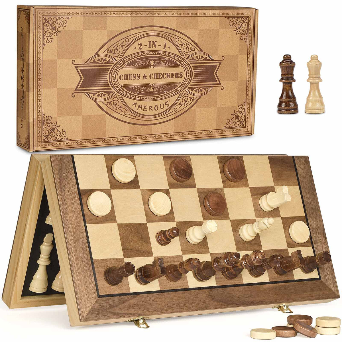 AMEROUS 15in magnetic wooden chess board closed view for compact storage and travel