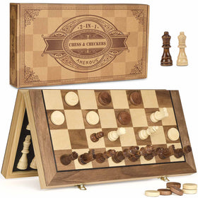 AMEROUS 15in magnetic wooden chess board closed view for compact storage and travel