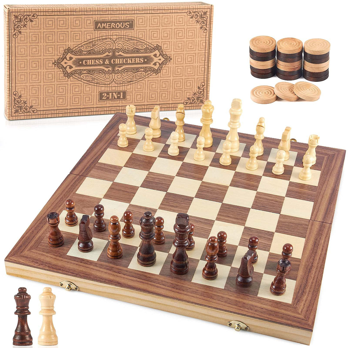 AMEROUS 15'' wooden chess board folded for easy transport and storage