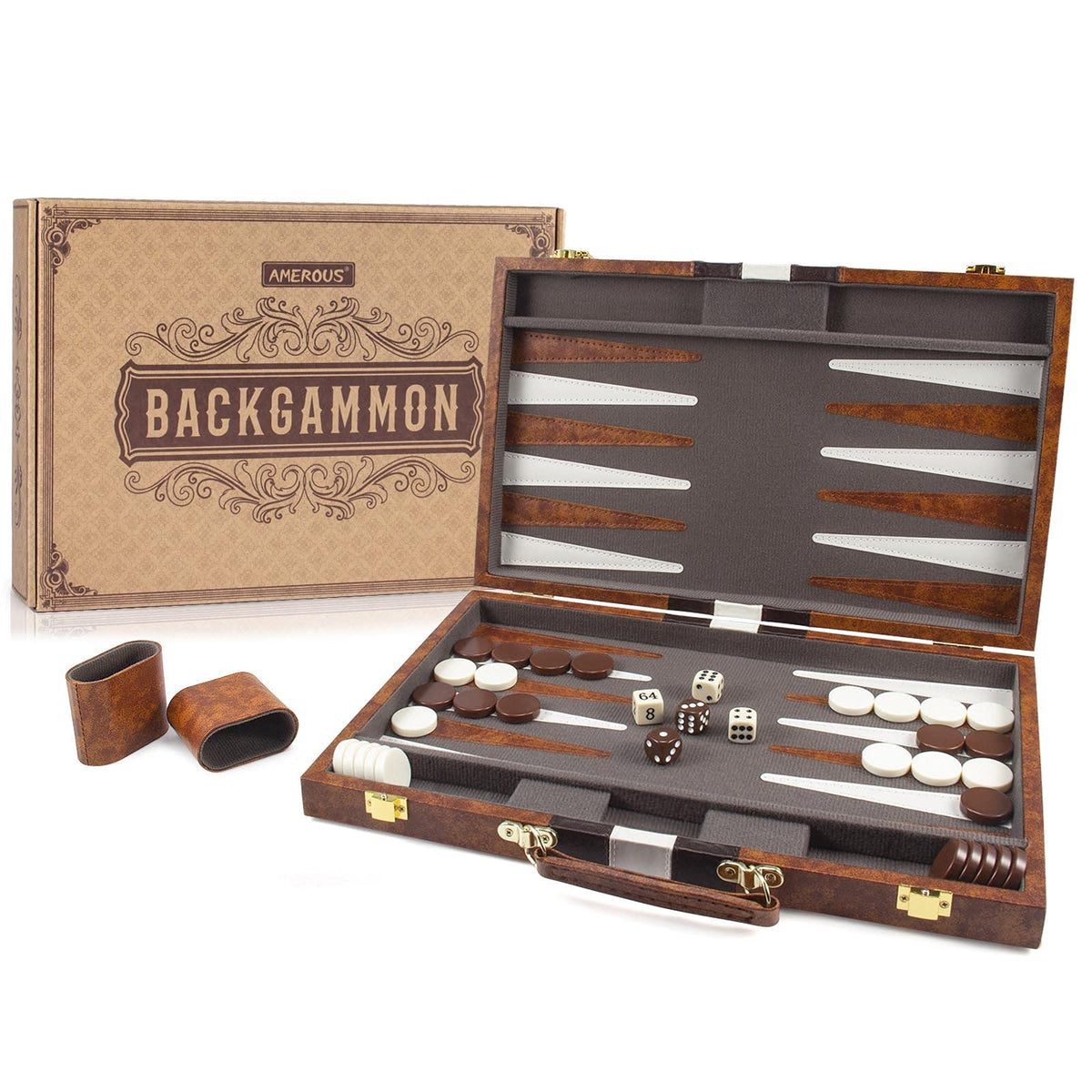 AMEROUS backgammon board closed in leather case for travel and storage