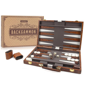 AMEROUS backgammon board closed in leather case for travel and storage