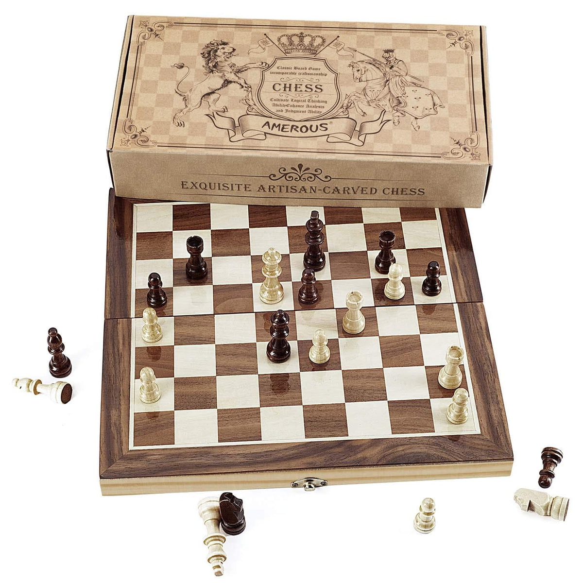 Amerous magnetic chess pieces stay in place during travel.