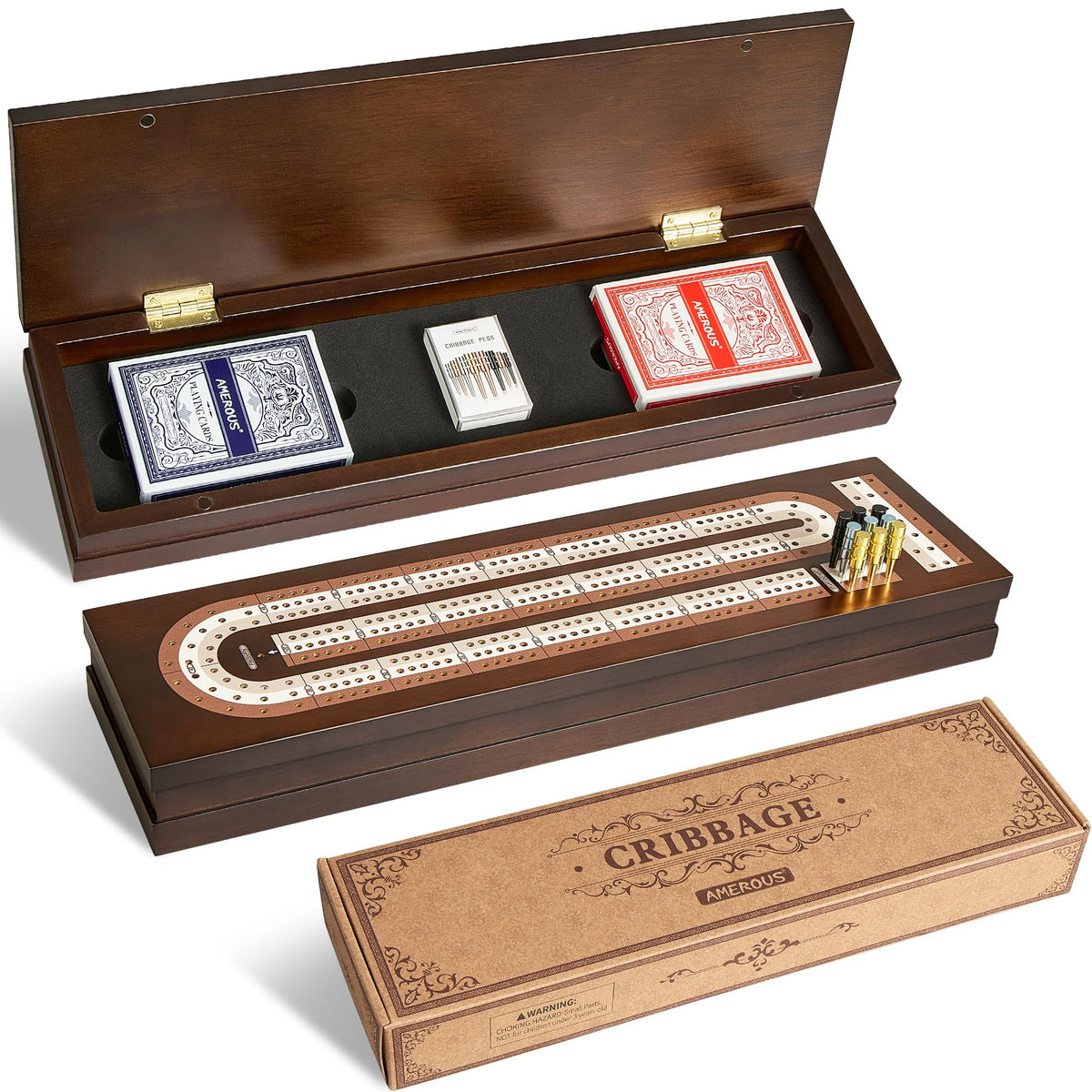 AMEROUS wooden cribbage board with magnetic lock for secure travel