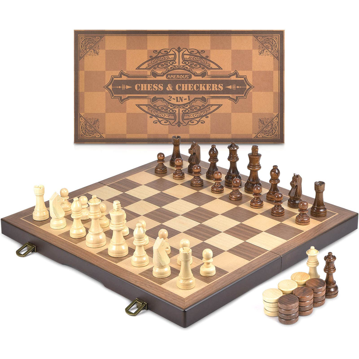 Amerous folding chess board open and ready for play.