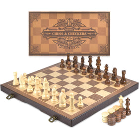 Amerous folding chess board open and ready for play.